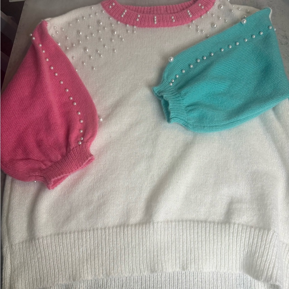 BiBi Blush Pink and Teal Sweater with Pearls - Picture 3 of 4